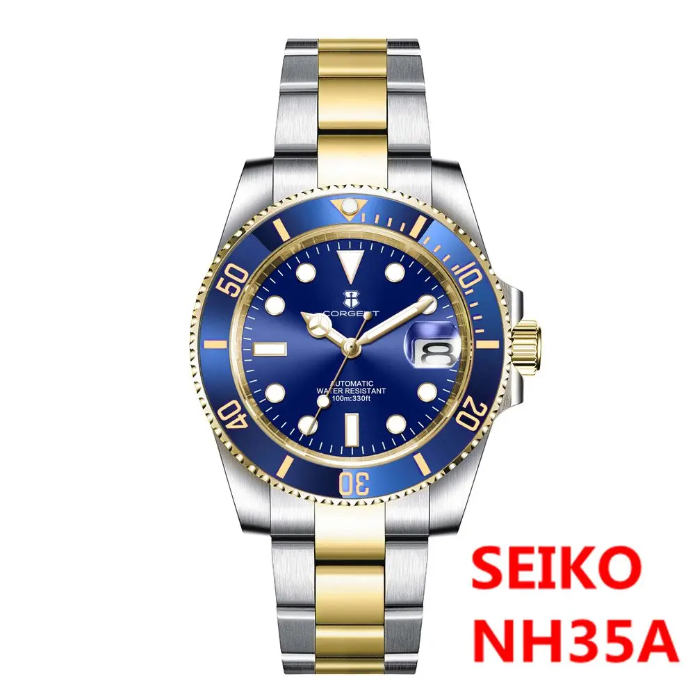 

40MM Corgeut NH35 Automatic Watch Two Tone Gold Sapphire Glass Ceramic Bezel Men Diver Watches Dress Male Clock reloj hombre