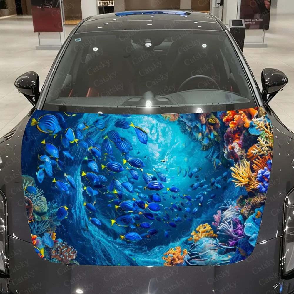 

Surrounding Fish Car Vinyl Wrap, PVC Material Waterproof Car Hood Sticker, Self-Adhesive Scratch-Resistant Stickers for Engine C