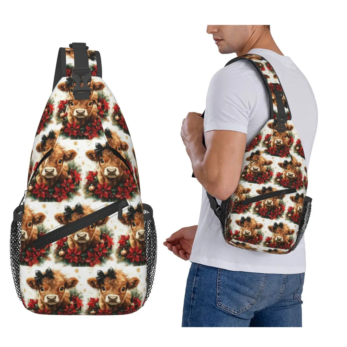 

Highland Cow And Flower Chest Bag Men Sling Crossbody Backpack Chest Bag Traveling Hiking Daypack Shoulder Bag