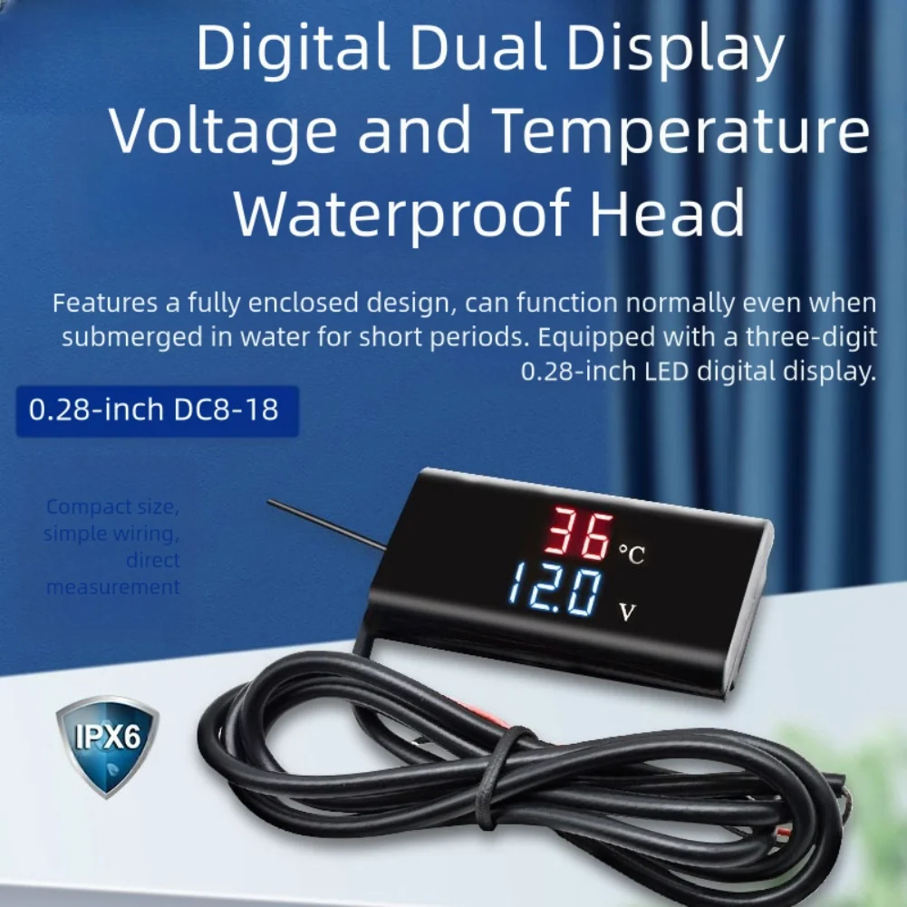 

DC 12V Digital Temperature Voltmeter Meter IPX6 Waterproof For Boat Motorcycle 0.28 Inch LED Display Volt Voltage Meter Battery