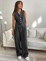 Summer New Long Pants Set Fashion Women's Vest 2 Piece Set Casual Single-breasted Vest Wide Leg Pants Two Piece Set For Women