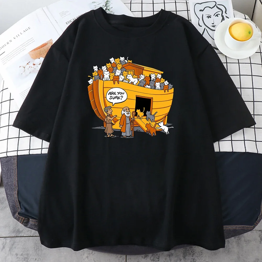 Funny Noahs Ark Full of Cats Meme Graphic Unisex T‑Shirt Are You Sure Cartoon Humor Print Crew Neck Short Sleeve Casual Summer