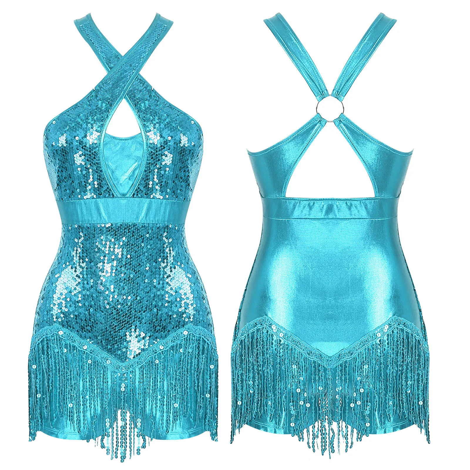 

Women Rumba Latin Dance Performance Costume Glittery Sequins Tassel Leotard Cross Front Fringed Bodysuit Cha-Cha Samba Dancewear