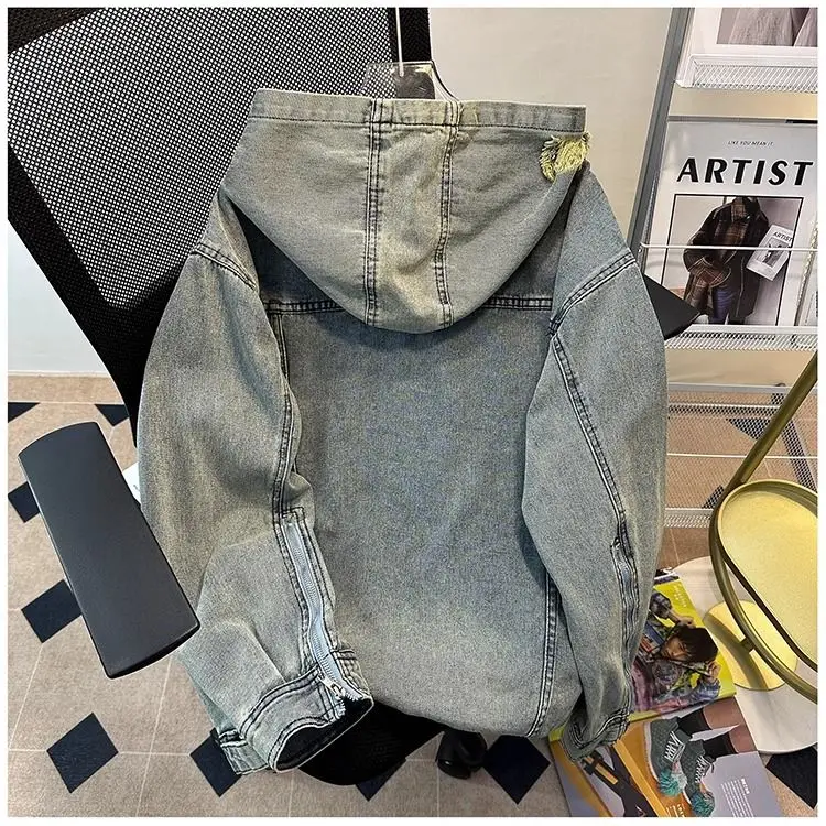 American large size designed ripped denim jacket autumn embroidered loose casual hooded sweatshirt women clpothing y2k tops