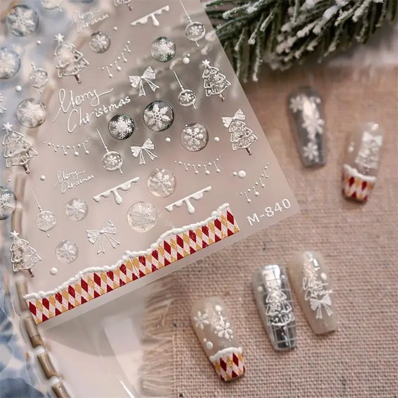 Cute Christmas Style White Christmas Tree Snowflake Nail Art Stickers Red Bow Nail Art Print Embossed Sticker Festive Nail Decor