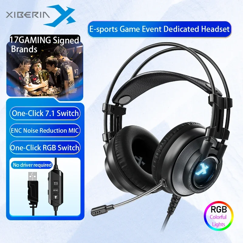 

XIBERIA Проводные наушники-вкладыши с MiC RGB Light 7.1 Surround Sound с шумоподавлением для ПК PS5 Xbox Esports Gaming Headset