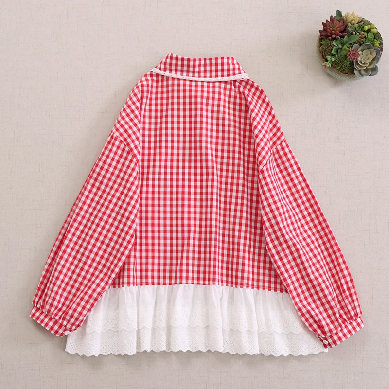 Spring New Japanese Sweet Mori Girl Plaid Lace Embroidery Patchwork Cotton Shirts Women Cute Peter Pan Collar Long Sleeve Blouse