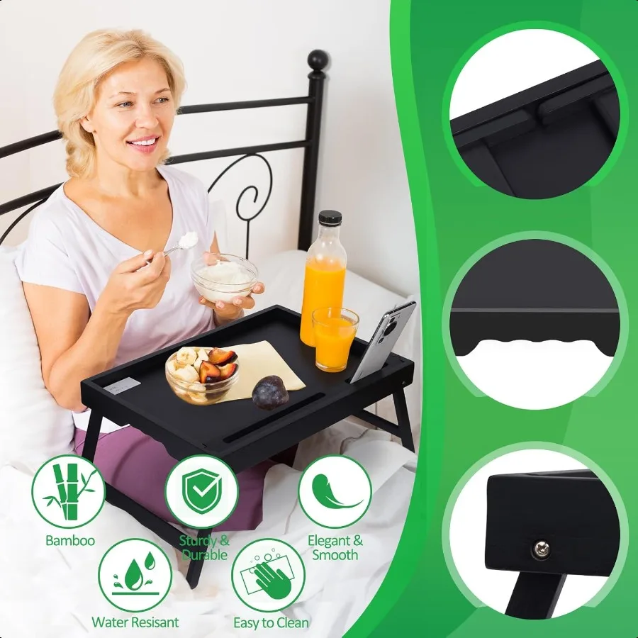 Bamboo Bed Tray Table with Folding Legs Phone Tablet Holder Foldable Breakfast Table Laptop Desk Black Medium