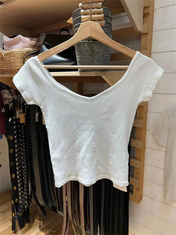 Sweet Women White Tops 2024 Fashion Summer Ladies Short Sleeve V-neck Shirt Casual Female Soft Slim Clean Solid Shirt