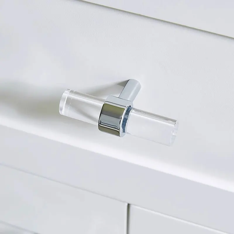 Transparent Acrylic Cabinet Handles Chrome T Bar Kitchen Cupboard Door Knobs Modern Wardrobe Pulls Minimalist Furniture Hardware
