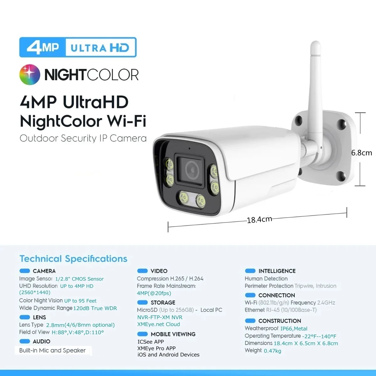 Imagem -06 - Câmera de Segurança Externa com Detecção Humana ai Cor Noturna Bala ip Áudio Bidirecional H.265 Mais Suporte Microsd 4mp Wifi 95 Pés