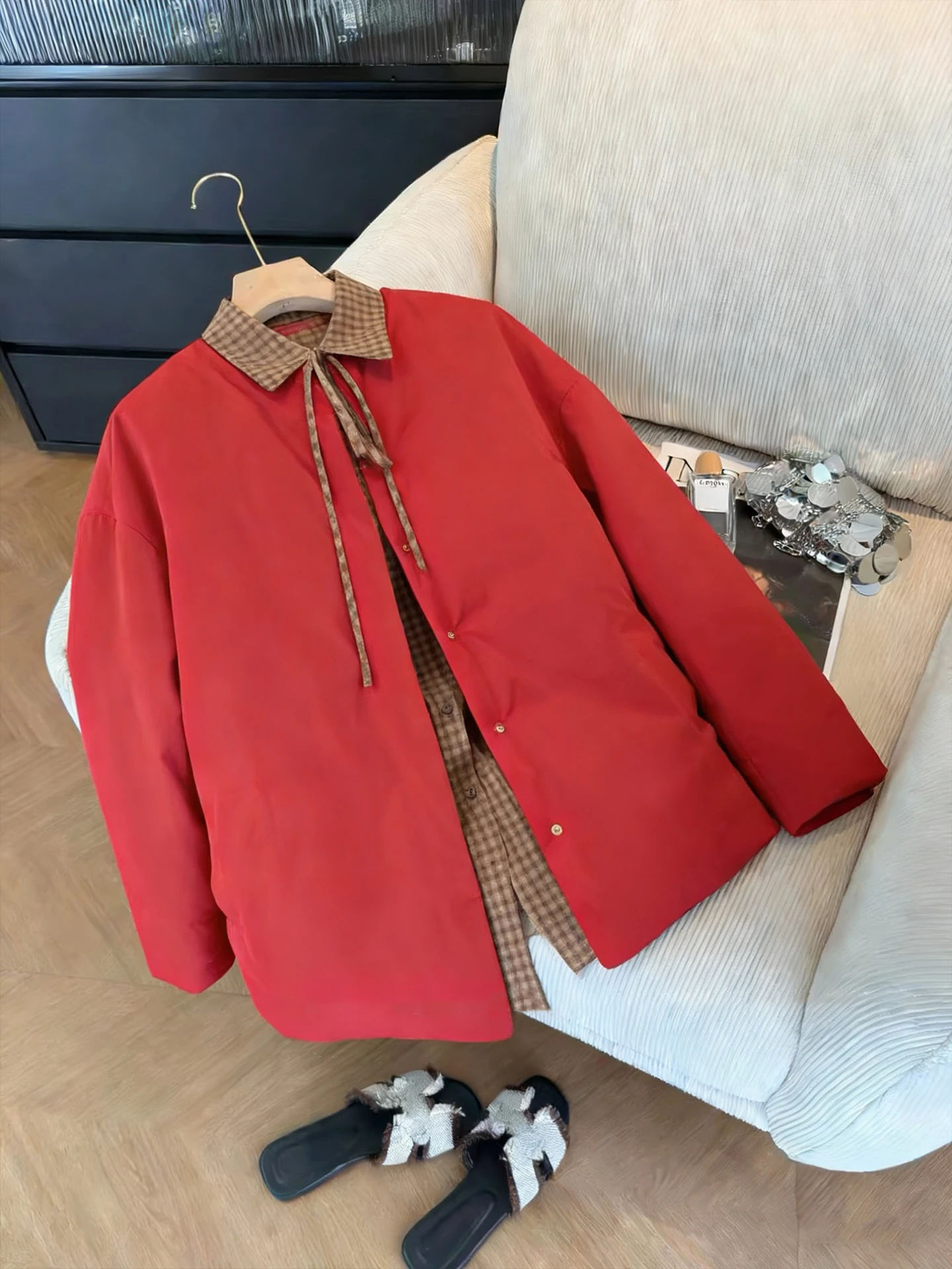 

Красный хлопковый комплект для мужчин и женщин, осенне-зимний клетчатый костюм с отложным воротником, длинный свеч, костюм из двух предметов, новогодняя атмосфера