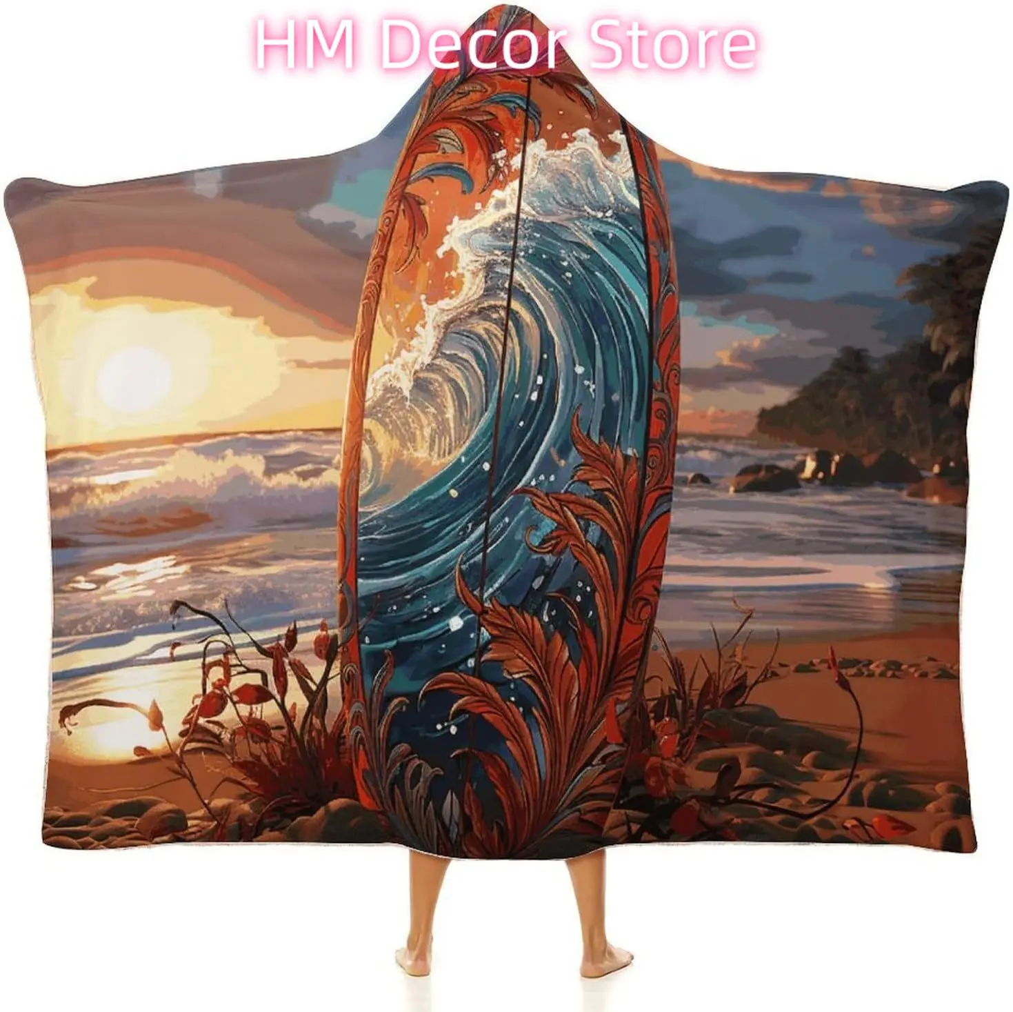 Colorful Surfboard Wearable Hooded Blanket, Ultra Soft Arctic Velvet Cape Cloak Unisex - Cozy Wearable Blanket 50
