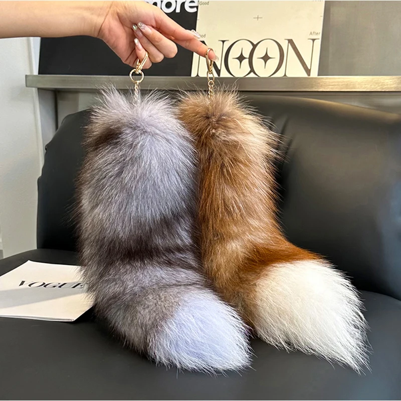 natural fox fur tail keychain furry 2024 chic y2k beautiful accessory length 40 cm Car Keychains For Women