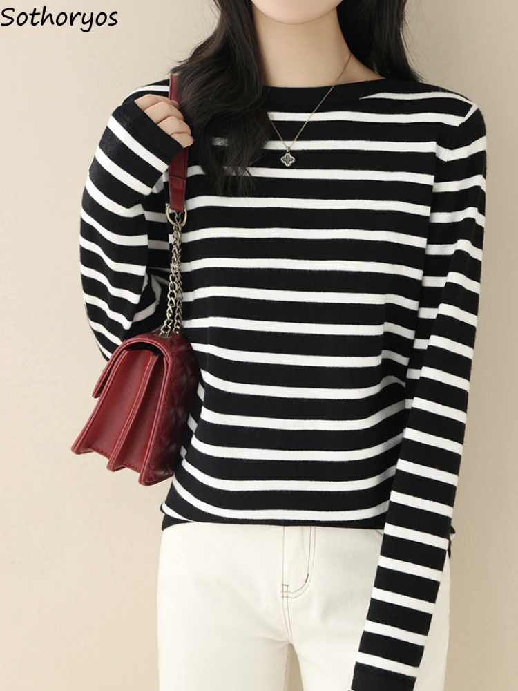 

Полосатые футболки женские повседневные топы с длинными рукавами универсальные Harajuku мягкая корейская модная одежда дышащая классическая повседневная женская одежда