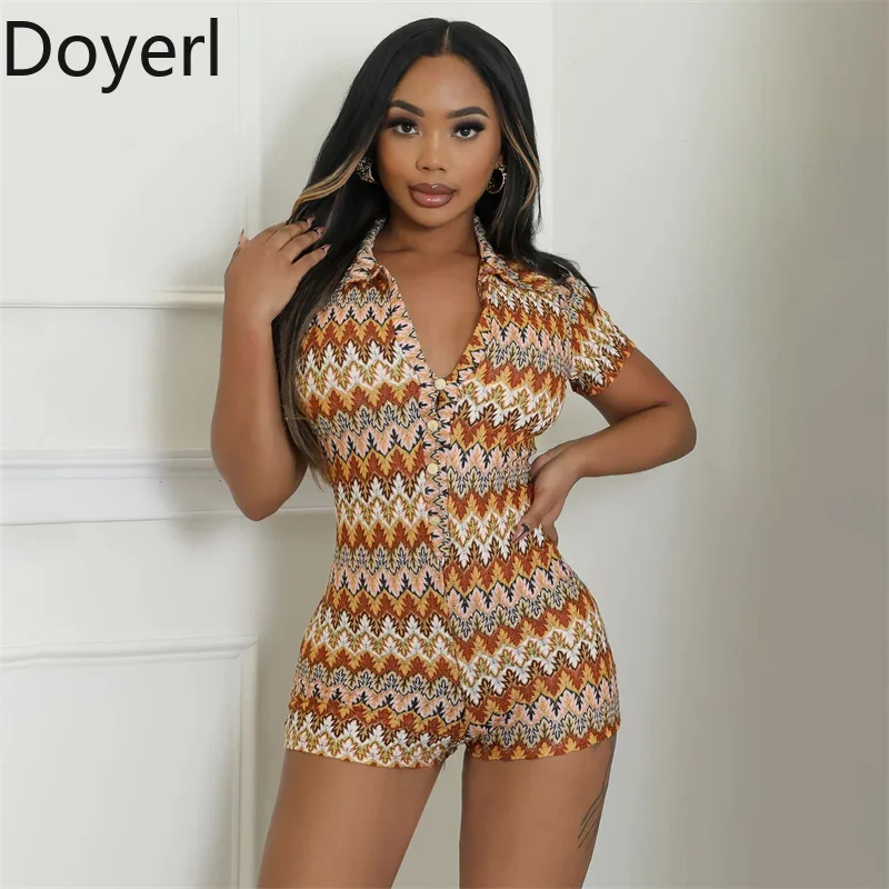 Sexy Wave Striped Stretchy Sheath Short Jumpsuit Woman Summer Clothes Front Single-breasted V-neck Skinny One Piece Club Rompers