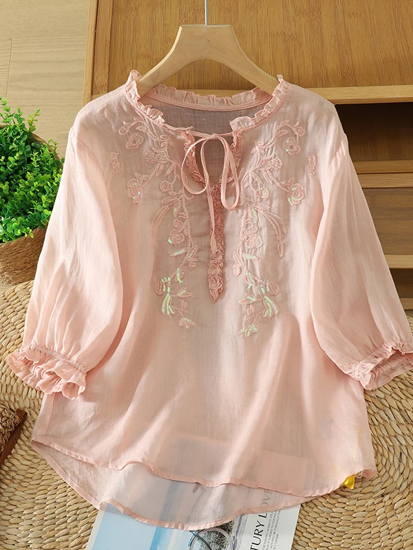 

Elegant Vintage Embroidered Cotton Linen Shirt Women Summer Lace Collar Tie Durable Lantern Sleeve Top Thin