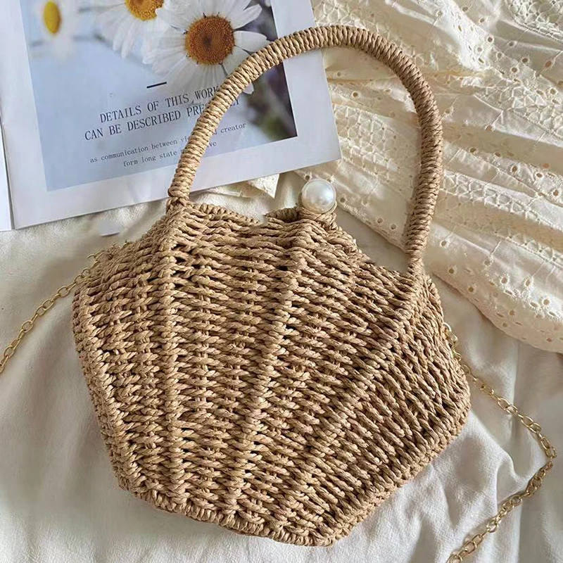 Shell shaped chain small Messenger Bag rattan woven ins beach vacation mobile phone fashionable Crossbody bag beach Straw bag