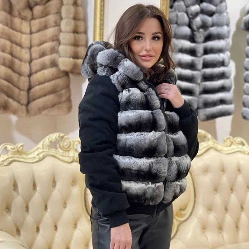 Hooded Fur Vest Women Real Rex Rabbit Fur Gilet New Chinchilla Colored Fur Waistcoat Plus Size Custom