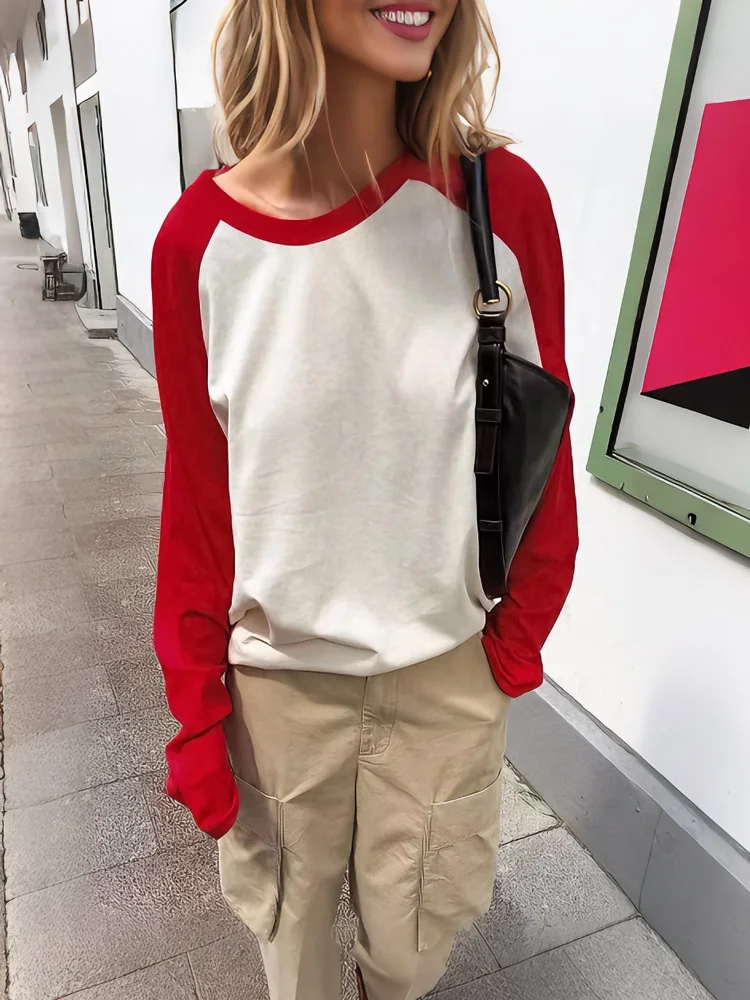 Tossy Color Block Raglan Sleeve T-shirt Long Sleeve Crew Neck Loose Fit Bell Cuff Casual Streetwear Stretchy Women Fall T-shirt