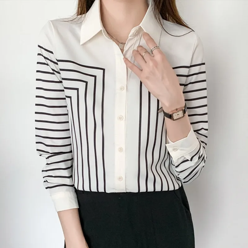 

Striped Shirt Women Long Sleeve Office Blouse Korean Style Fashion Tops