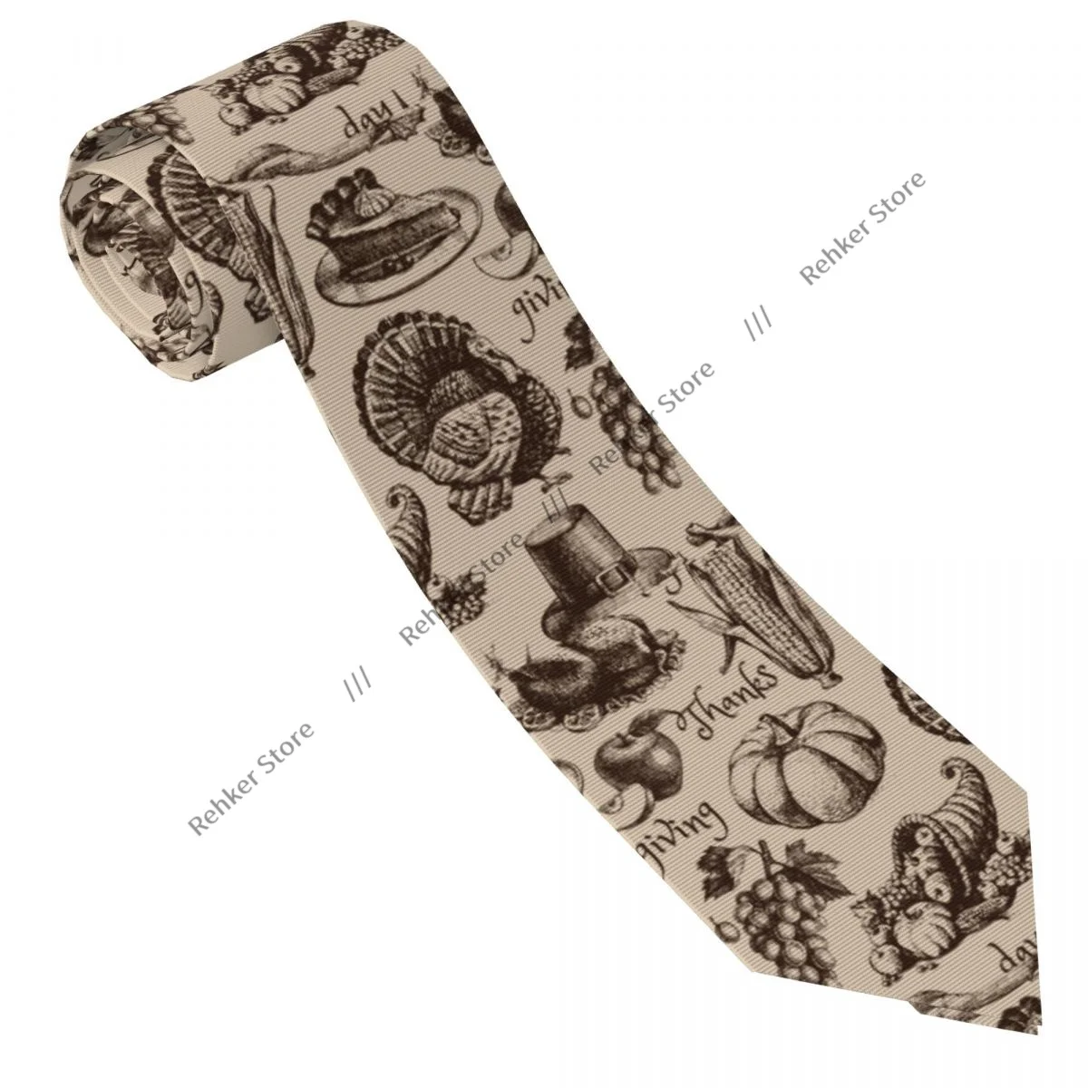 Mens Tie Slim Skinny Hand Drawn Sketch Thanksgiving Day Illustration Necktie Fashion Free Style Tie for Party Wedding