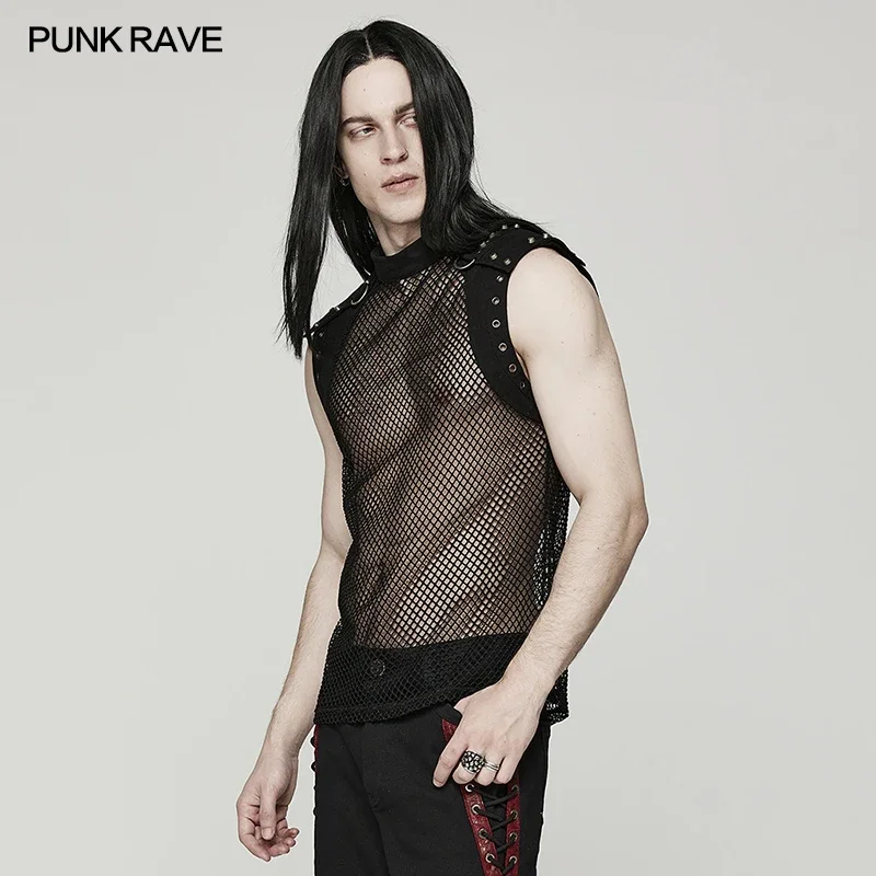 PUNK RAVE Men's Punk Stretch Mesh Splicing Denim Translucent Vest   Handsome Summer Tank Tees Casual Cool Tops