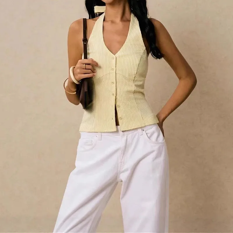 Retro Striped Halterneck Vest Sexy V-neck Breasted Waist-Controlled Top Hot Girl Style Sleeveless Sling for Women Y2K style