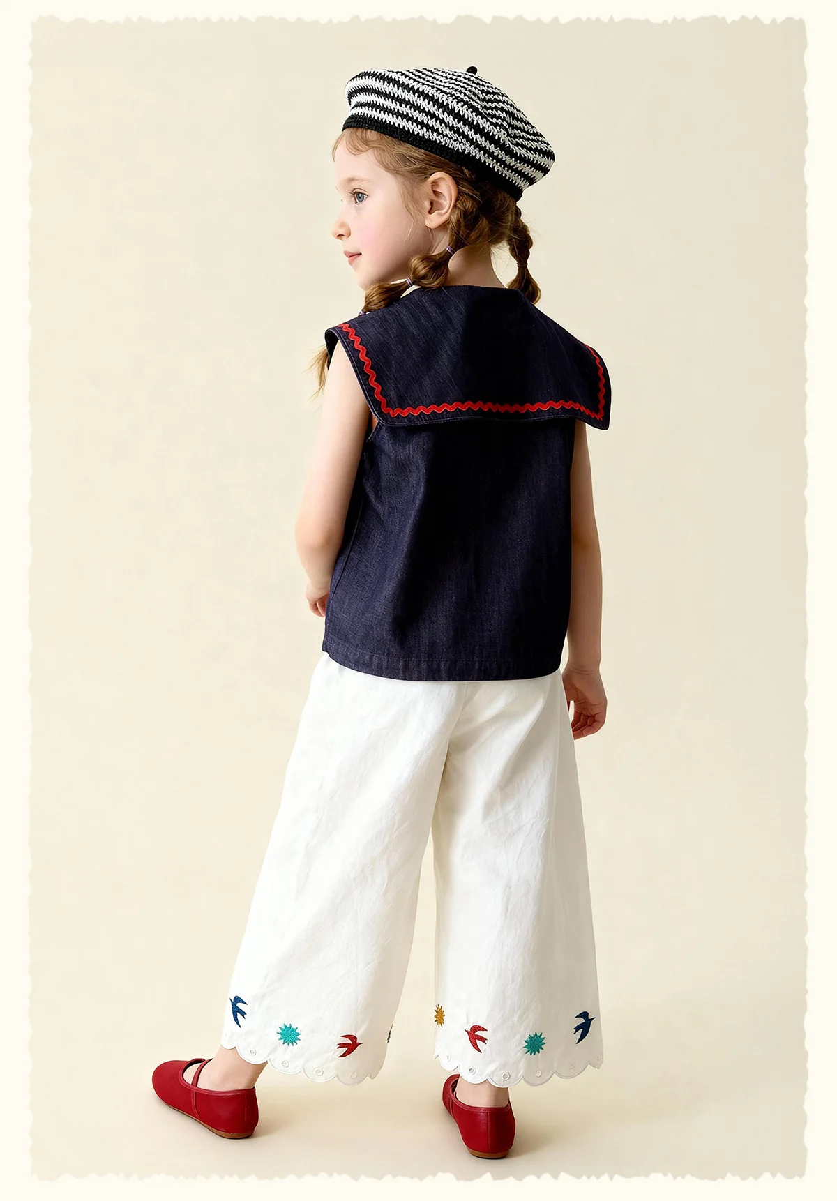 Amila 2026 Sommer Neue Kinder-Freizeithose mit Blumen- und Vogelstickerei, lockerer, lässiger Stil, einfarbig, weites Bein – Detail 16