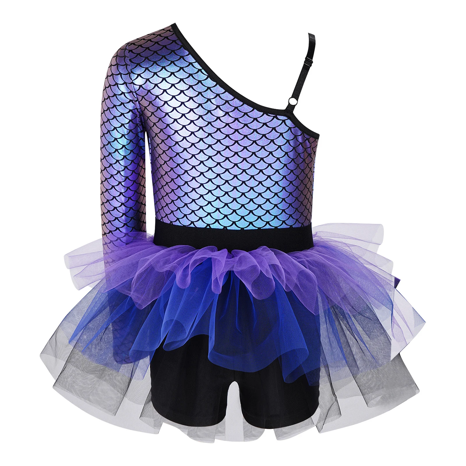 Girls Mermaid Princess Dress One Shoulder Metallic Shiny Fish Scale Bodice Tulle Jumpsuit Ballet Dance Gymnastics Tutu Dancewear
