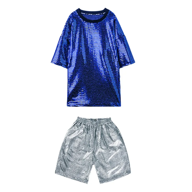 Hip Hop Boys Sequin Silver T-shirt Shorts Girls Streetwear Kids Street Dance Loose Tee Clothes Sets Children Jazz Stage Costumes