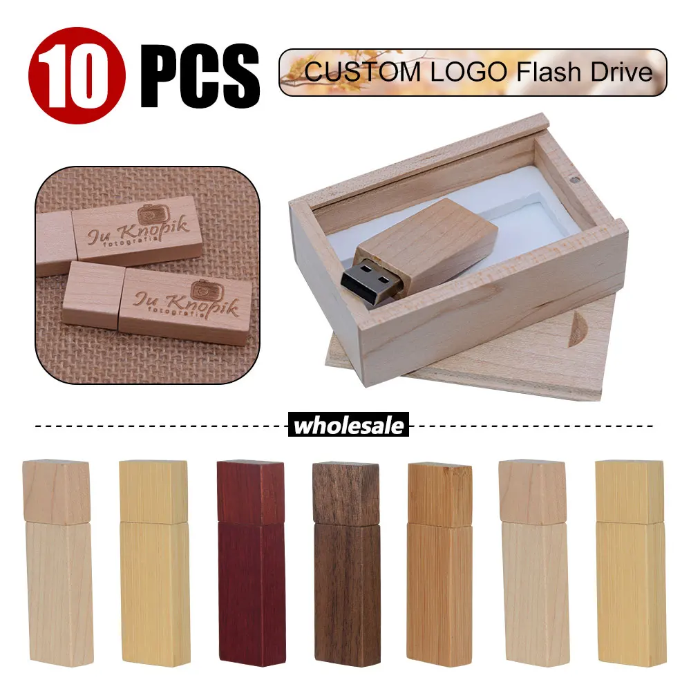 

10PCS/LOT Free Custom LOGO Photography Wooden USB 2.0 Flash Drive 32GB Pen Drives 64GB Memory Stick 128GB Wedding Box Gifts