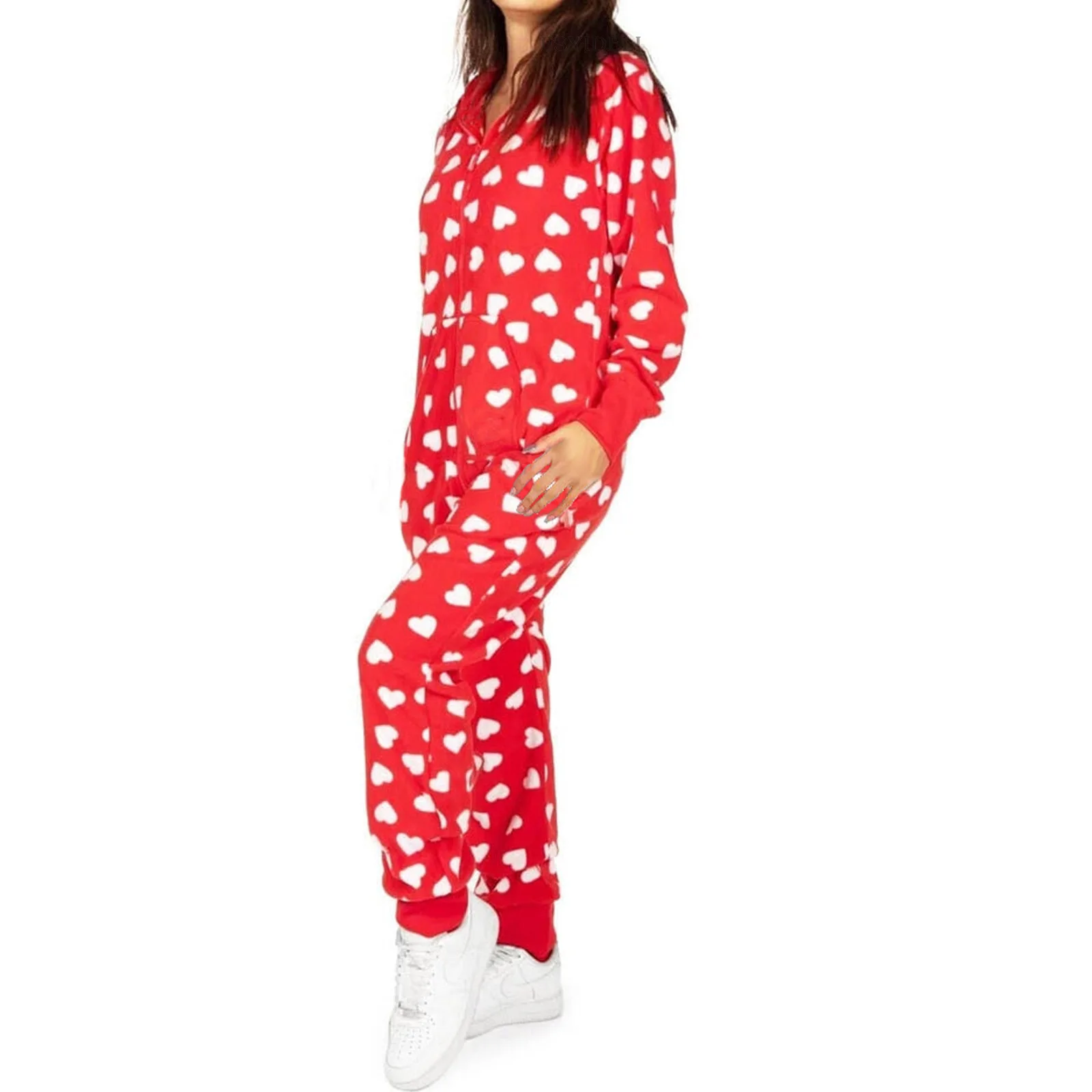 Christmas Autumn Winter One Piece Pajamas Valentine\'s Day Couple Dress Hooded Love Print Homewear Zipper Sleepwear