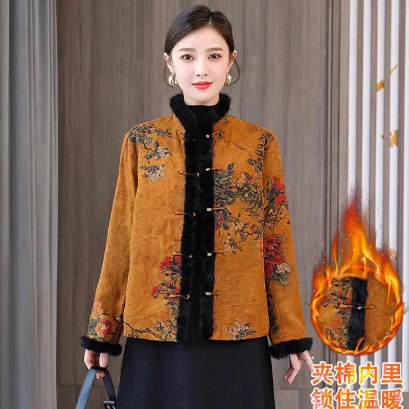 

Chinese Style Tang Suit Qipao Top 2023 Fall Winter Mom's Retro Print Cotton Jacket Fashion Fur Collar Spliced Quilted Coat z3333