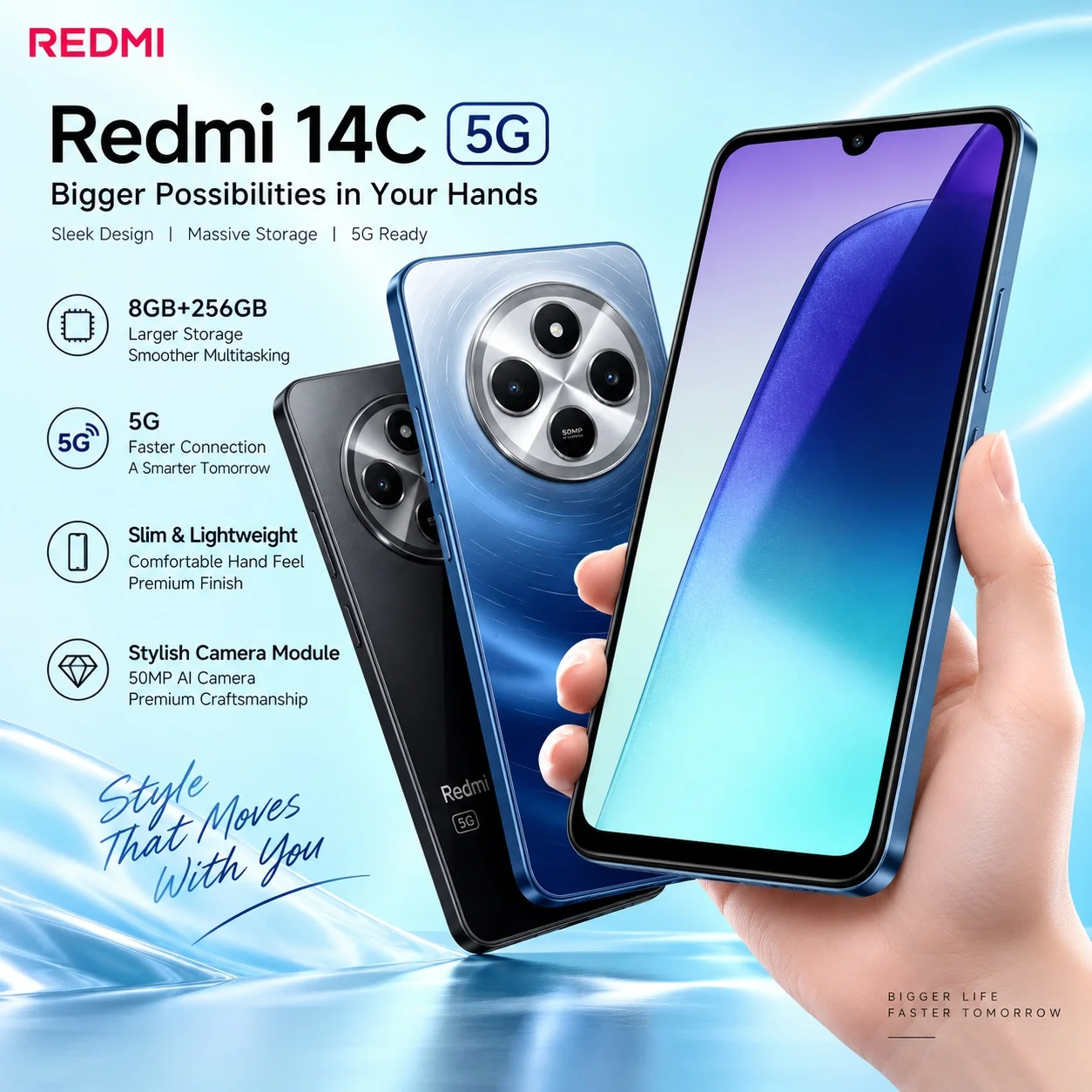 2026 new Redmi 14C 5G 8GB+256GB Phone, 6.88'' 120Hz Eye-Care Display, Snapdragon 4 Gen 2, 5160mAh Battery, 150% Volume Boost