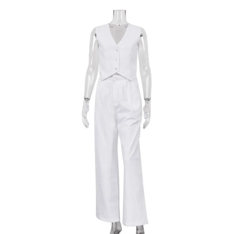 Summer White Linen Two Piece Set For Women 2024 Sleeveless Tank Top In Matching High Waist Wide Pants Set Office Ladies Outfits