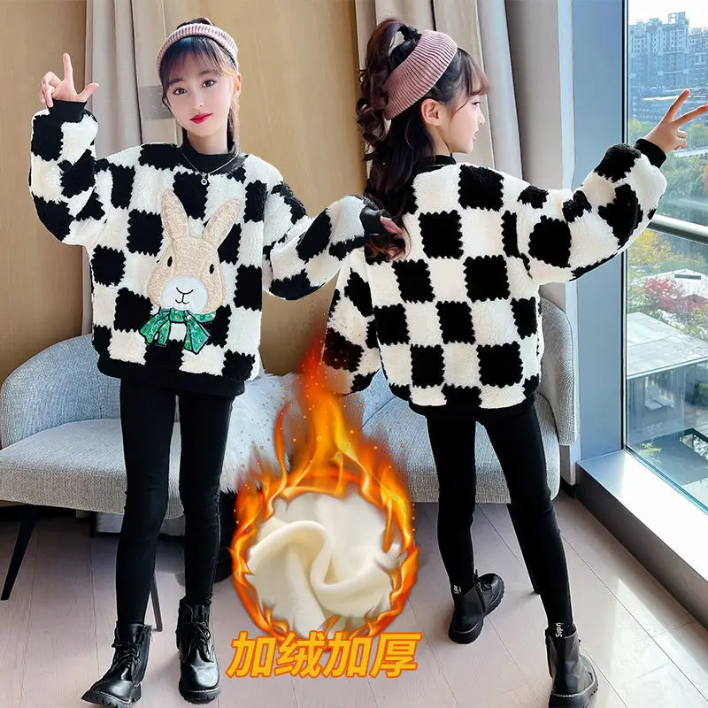 

Girls' velvet filled thickened sweater Autumn and winter 2025 Western style little girls' warm checkerboard fashion sweater