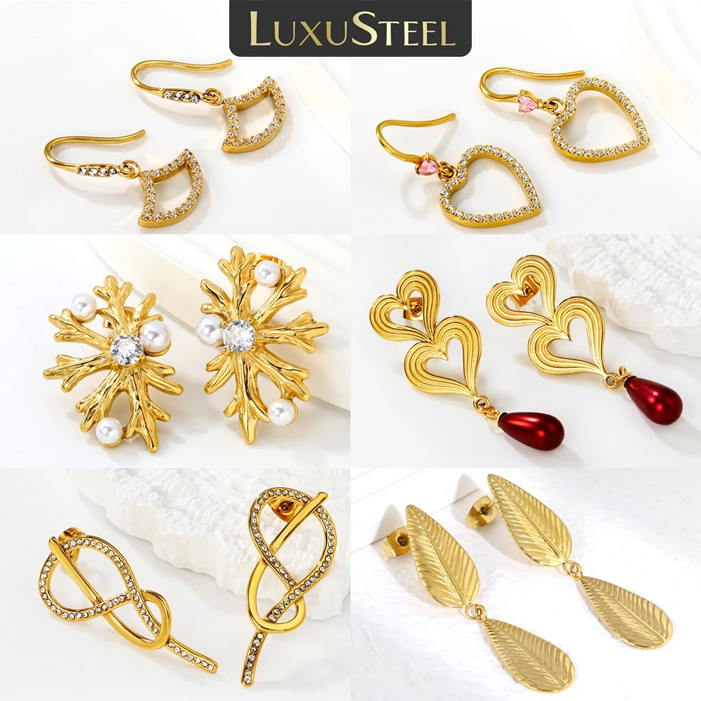 LUXUSTEEL Snowflake Imitaiton Pearl Women's Earrings Stainless Steel Heart Skeleton Lady's Stud Earring Jewelry For Wedding Gift