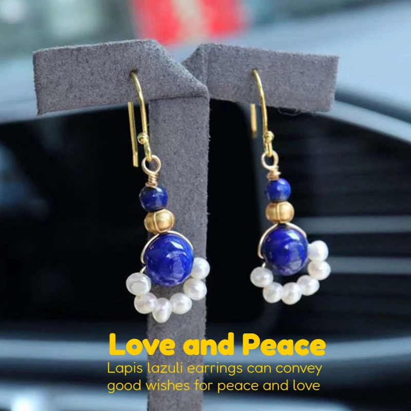 Ethnic Style Round Blue Lapis Lazuli Drop Earrings for Women Vintage Gold Color Metal Geometry Pearl Dangle Earring Jewelry Gift