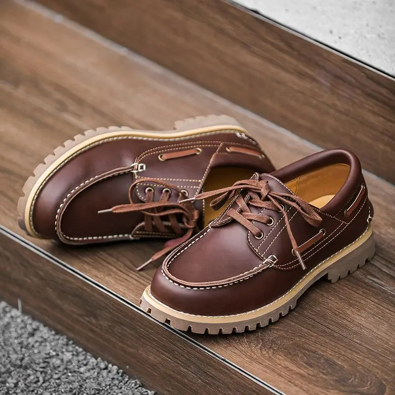 Fashion Genuine Leather Men's Loafers Soft Casual Shoes Moccasins Boat Shoes Platform Male Black Brown Lace-up Oxfords