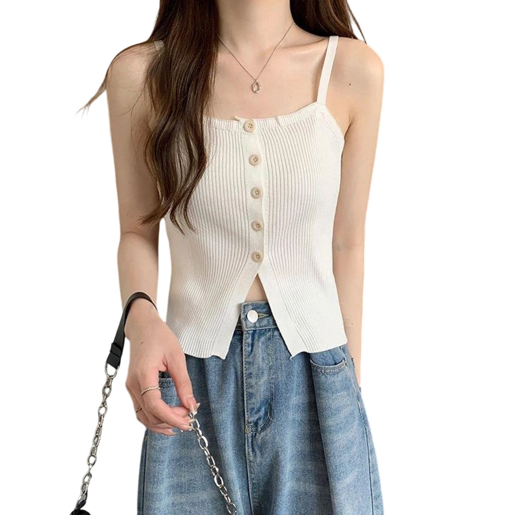 Knitted Off Shoulder Vest for Women with Single Button Slim Fit Sleeveless Top for Spring Summer Fall Solid Color Options