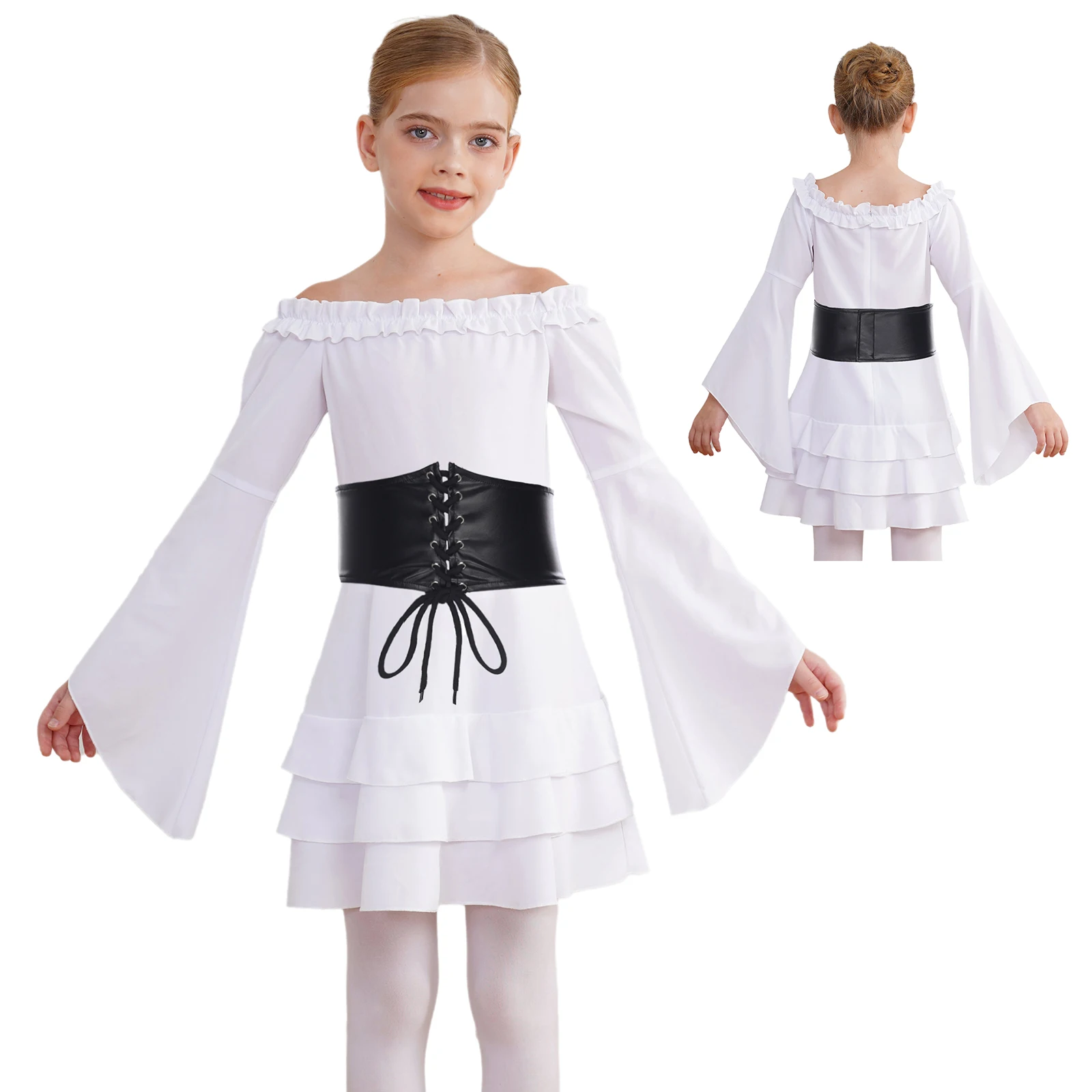 

Kids Girls 2 Pcs Halloween Pirate Cosplay Costume Long Sleeve Tiered Ruffle Dress with PU Leather Belt for Pirate Themed Events