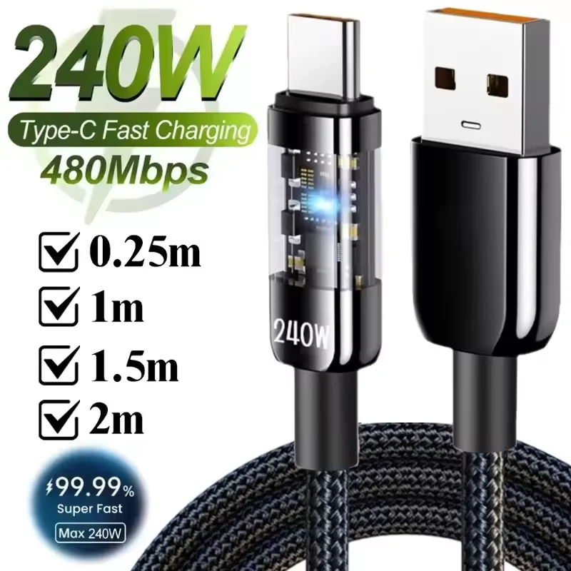 240W Type C Phone Fast Charge Data Cable USB PD Nylon Braided LED Lighting Quick Charge 3.0 Data Cord For Samsung Xiaomi Oneplus