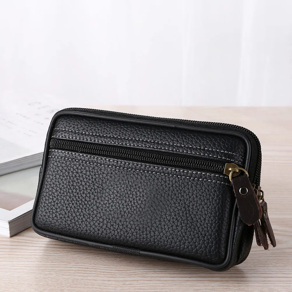 New Man Multi-function Mini Waist Bag PU Leather Double Layer Zipper Phone Card Bag Fashion Travel Belt Bags Fanny Pack