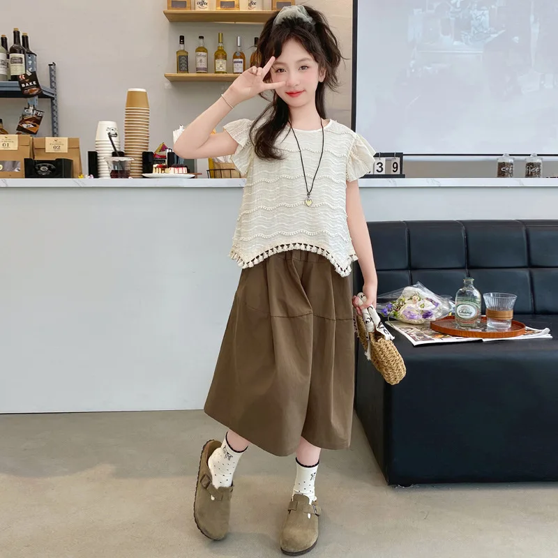 

Girls Suits Summer Set 2024 New Children Fashion Culottes Summer Dress Medium Children Short Sleeve Two-piece Set Clothes