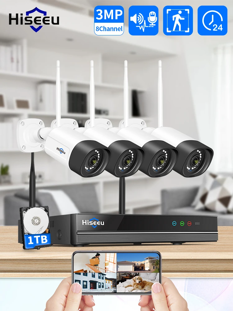 Hiseeu 10-Kanal Drahtloses Set NVR Outdoor Wasserdicht IP66 3/5MP IP-Kamera Farbnachtsicht P2P Personenerkennung Zwei-Wege-Audio WLAN Outdoor-Sicherheits-CCTV-System