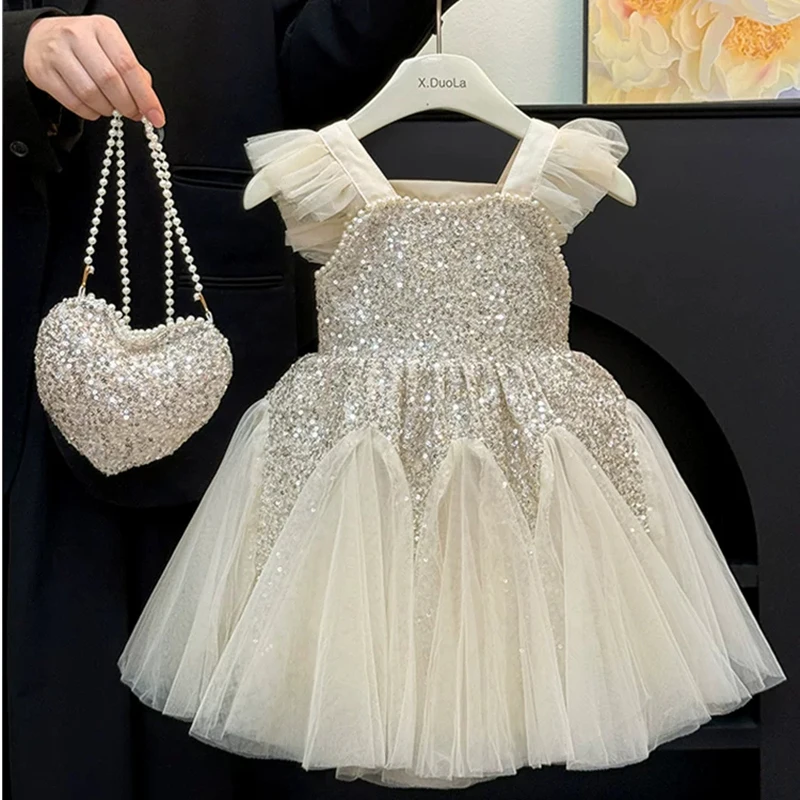 Roupas infantis para meninas, vestidos de festa com mangas voadoras e lantejoulas, saia elegante de malha, vestido de princesa para meninas, baile de 