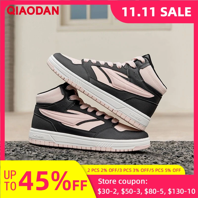 

QIAODAN Women's Casual Sports Shoes 2025 Autumn New Leather Versatile Contrast Color High Top Skateboard Shoes XM36240531