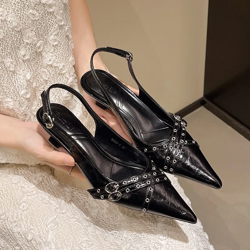 Fashion Point Shallow Mouth Fine Heel Sandals Summer New Bao Head Rivets Metal Buckle Anti-slip Wear-resistant Low Heel Shoes