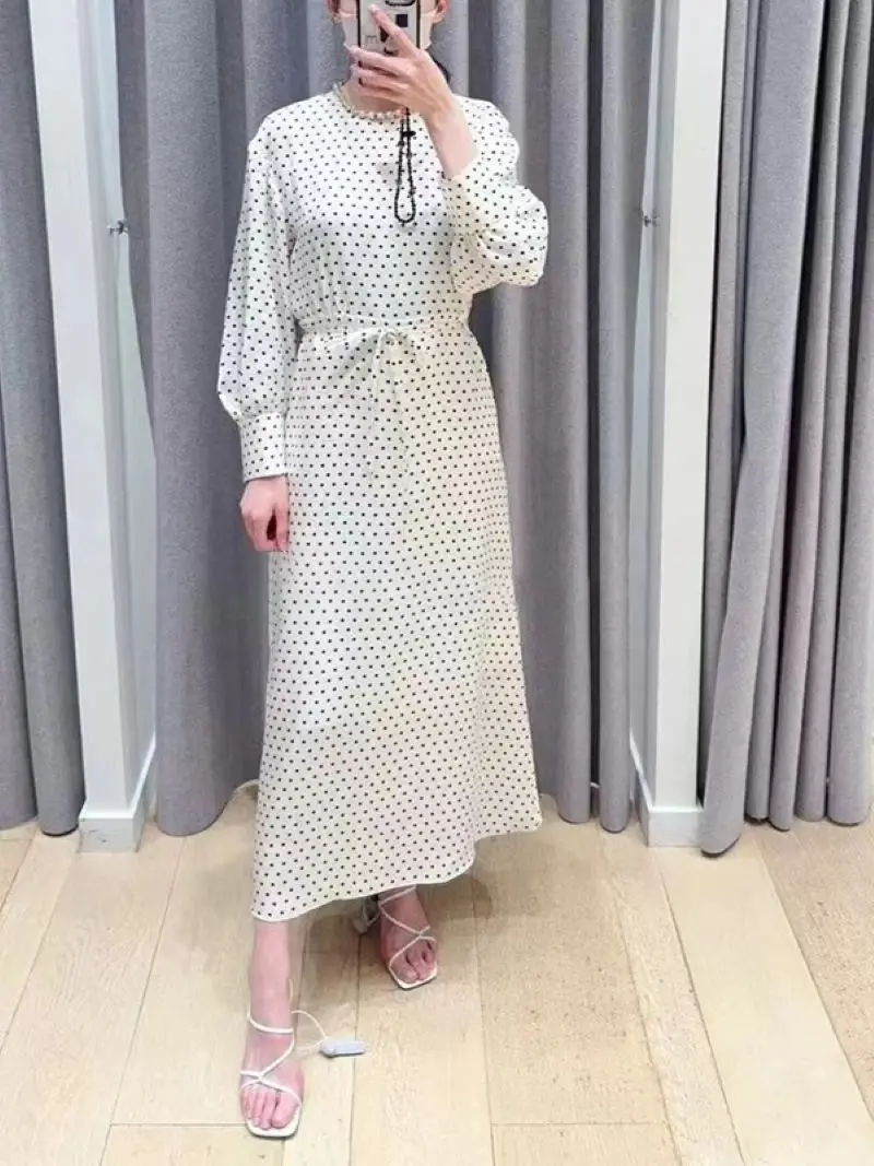 Women Dot Printed Midi Dress Waist Lace-up Diamond Decoration O-Neck Long Sleeve Loose Elegant Autumn 2024 Robe